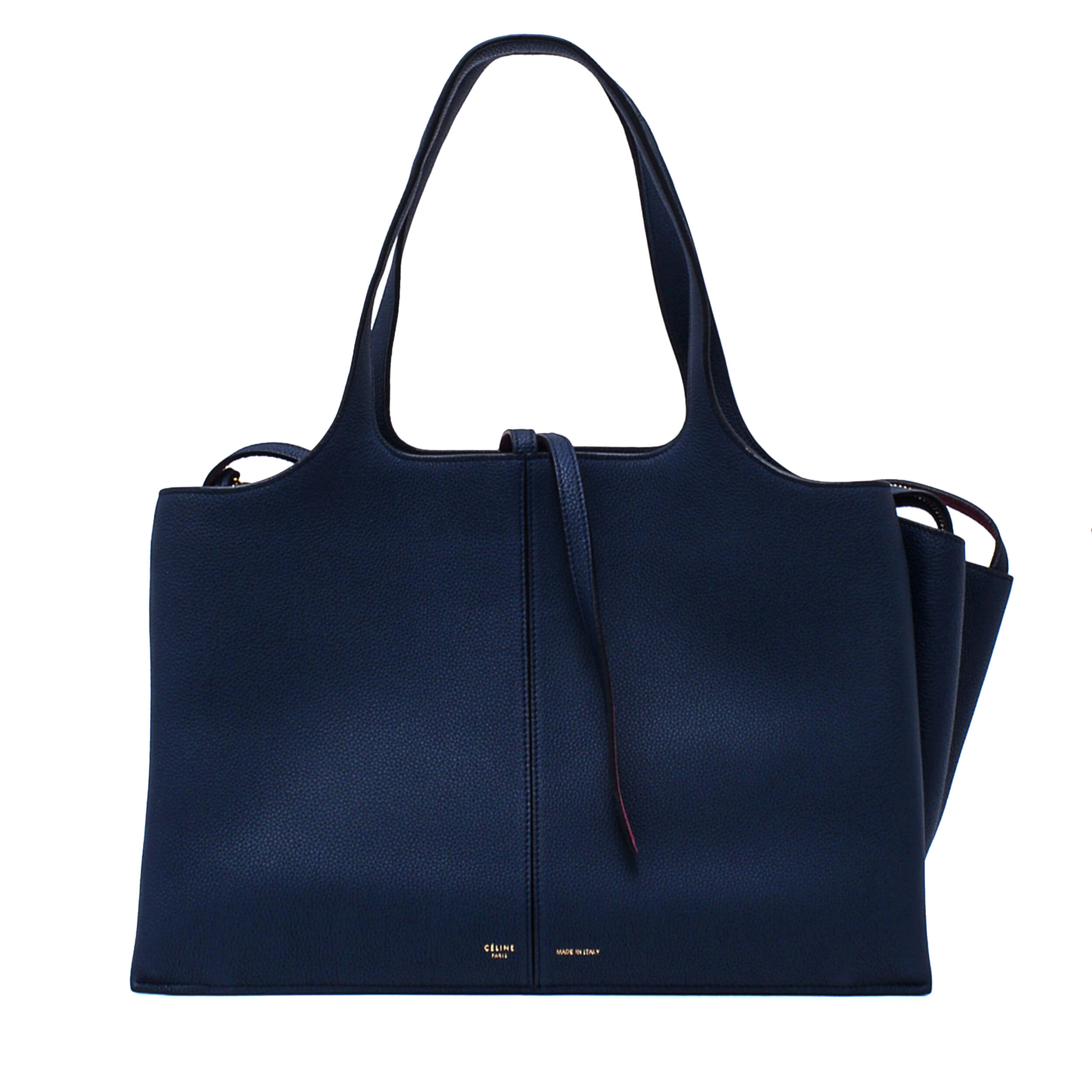 Celine - Navy Blue Grained Calfskin Leather Medium Tri Fold Tote Bag